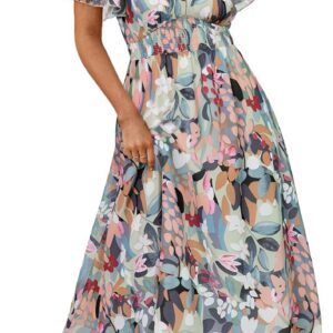 Simplee Women’s Boho Floral Maxi Dress Flowy Casual V Neck Short Sleeve Wedding Guest Holiday Beach Long Dress