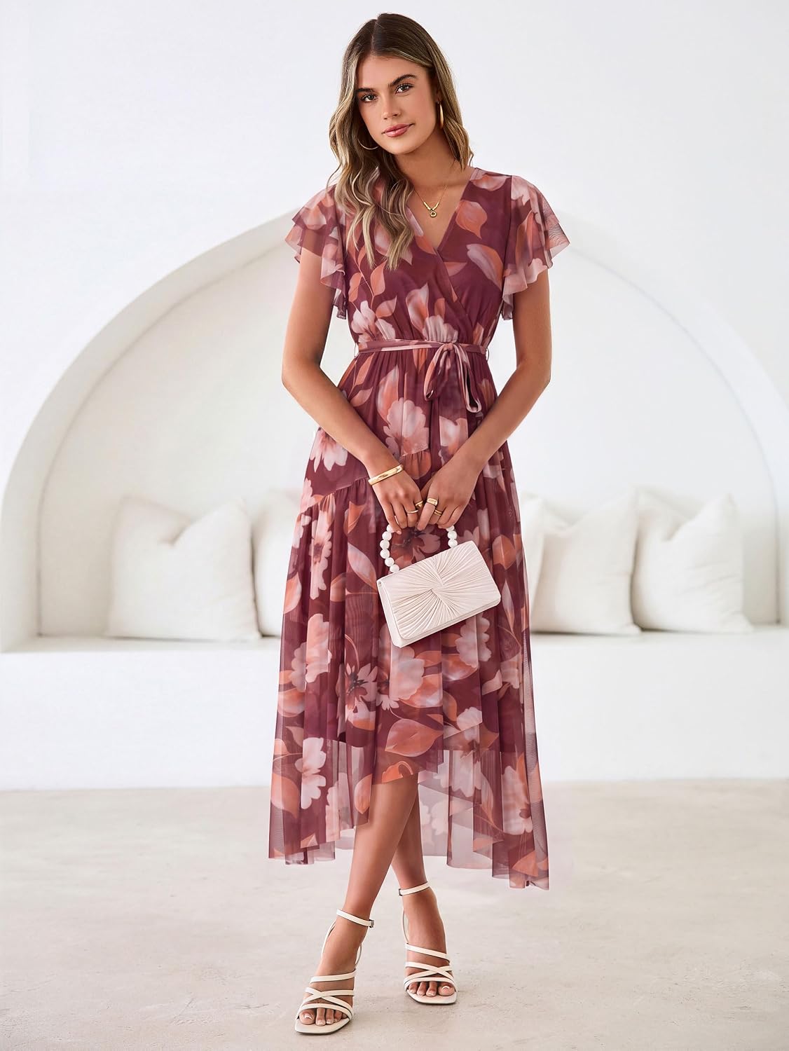Simplee Womens Summer Floral Maxi Dress 2026 Short Sleeve V Neck Belted Mesh Hem Split Flowy Beach Wedding Guest Dresses - Image 3