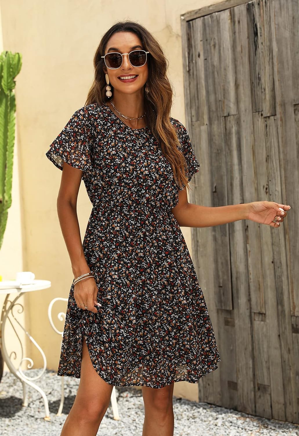 Manydress Women's Chiffon Floral Dresses Casual Summer Boho Flutter Sleeve Flowy Skater Western Dress MY112 - Image 3