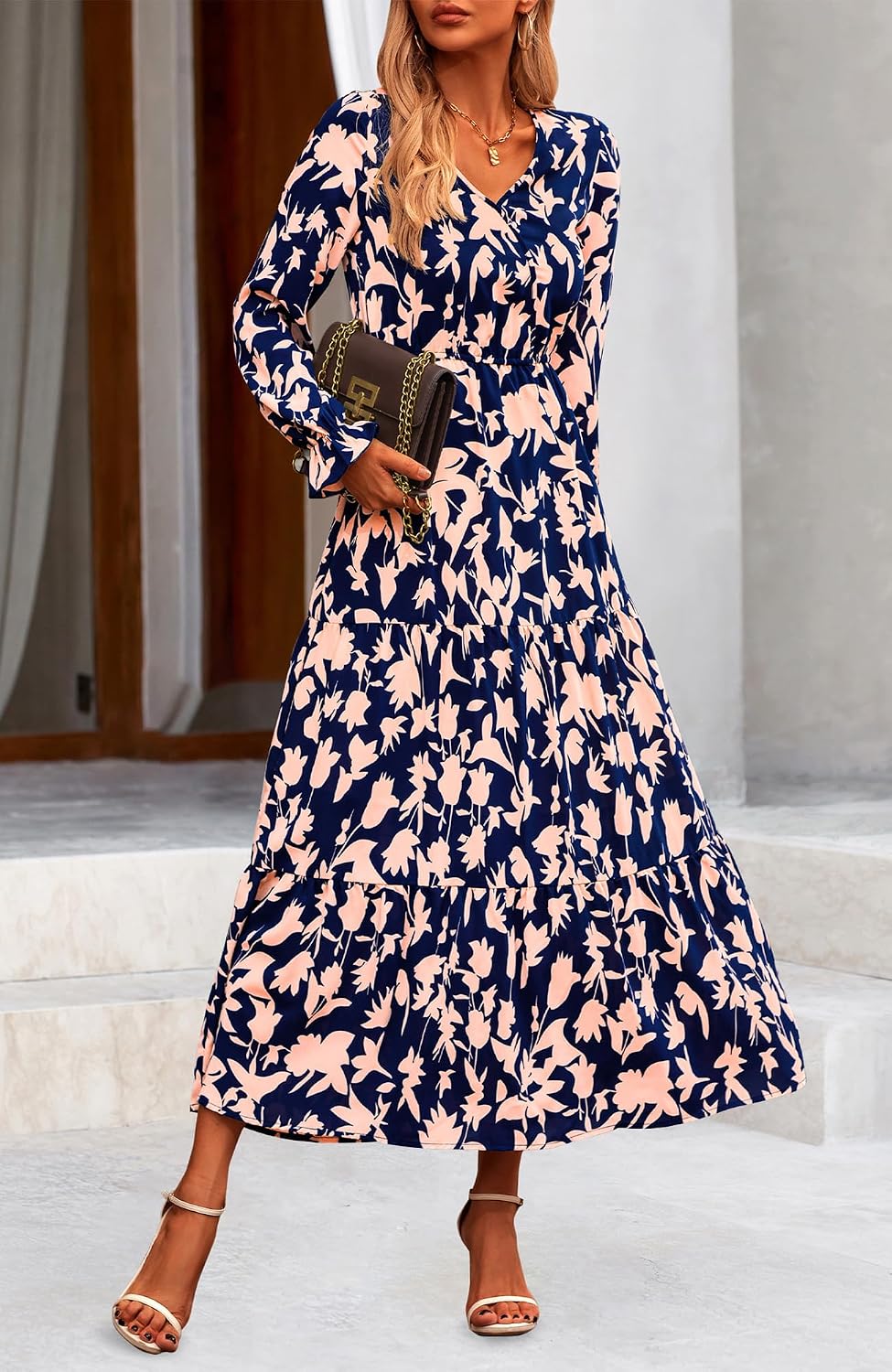 NOLLSOM Women's 2024 Fall Dresses Boho Maxi Dress Casual Long Sleeve V Neck Floral Dresses Wedding Guest Dress - Image 2