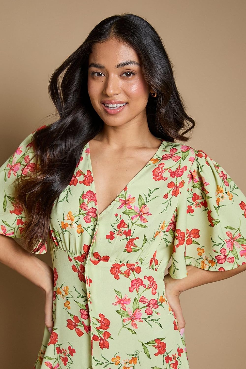 Dorothy Perkins Petite Green Floral Button Front Angel Sleeve Tie Back Midi Dress - Image 2