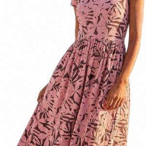 Roman Midi Dress with Pockets for Women UK Ladies Stretchy Jersey Maxi Long Short Sleeve Elasticated Gathered High Waist Boho Flattering Skater Swing Fit Flare