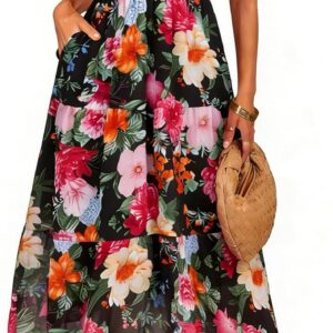 Simplee Women Floral Summer Sun Dress Flutter Sleeve Smocked Chiffon Midi Dress Casual Boho Flowy Dress with Pockets