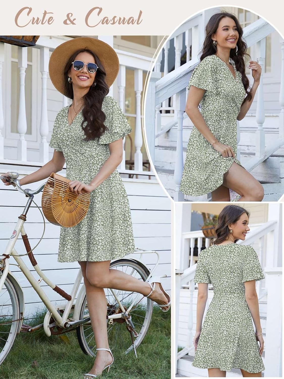 Yutdeng Women's Summer Dress Floral Short Sleeve Wrap V Neck A-Line Midi Dress Casual Holiday Beach Vacation Dresses Elegant Knee Length Dresses Sundress - Image 5