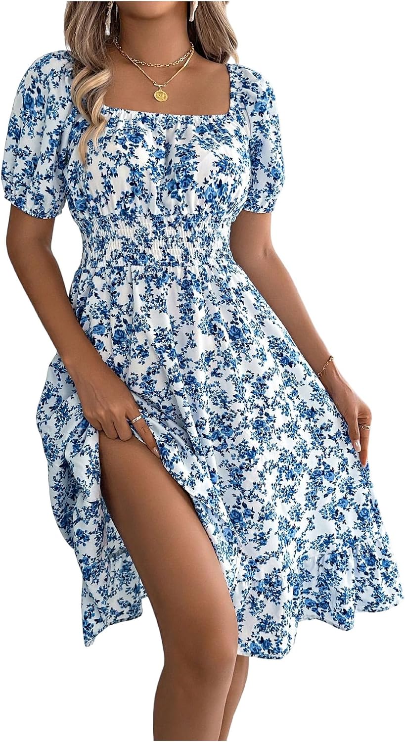 GORGLITTER Women's Floral Flared Midi Milkmaid Dresses Square Neck Puff Sleeve Smocked Flowy Midi A Line Dress