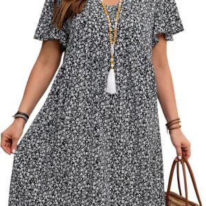 GORGLITTER Boho Floral Dresses for Women UK V Neck Plus Size Flounce Sleeve Knee Length Flowy Beach Summer Dress