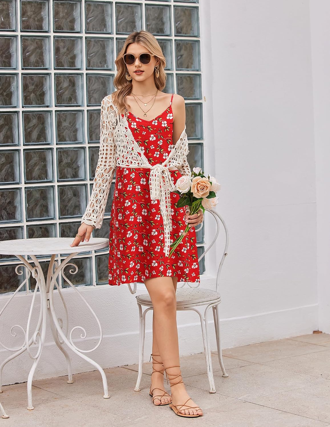 Zeagoo Spaghetti Strappy Summer Dress for Women UK Boho Dresses Floral Slip Dress Casual Beach Sundress V Neck Knee Length Sleeveless Minidress - Image 4