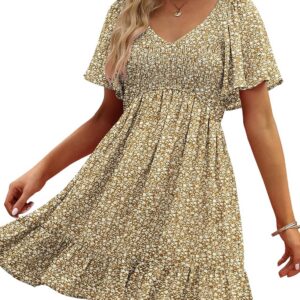 UEAL Womens Cute Floral Smocked V Neck Flutter Sleeve Sundress with Pockets Casual Spring Summer Dresses for Women 2025
