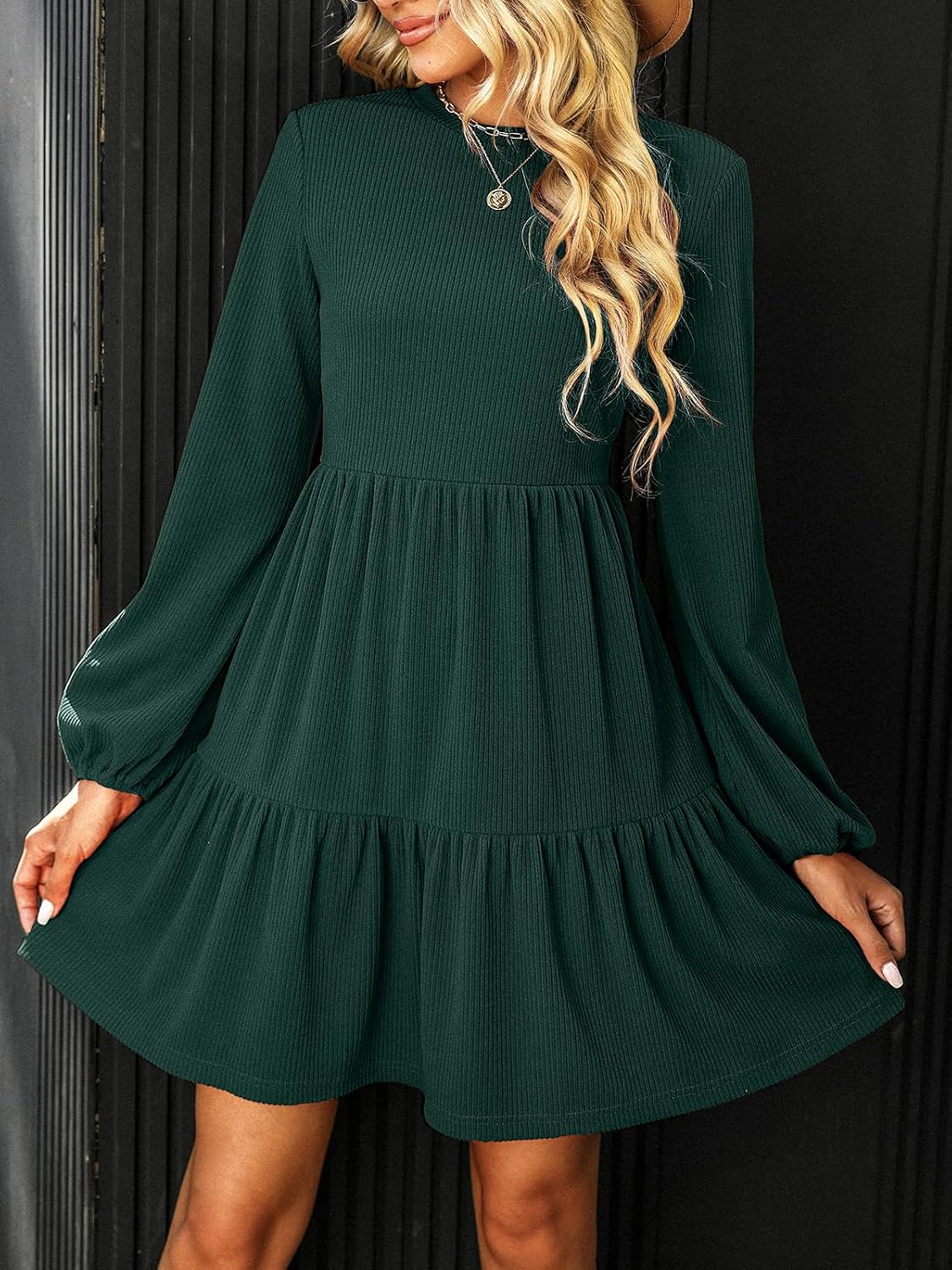 CUPSHE Women Mini Dress Ribbed Tiered Layered A-line Fall Round Neck Knitted Casual Party Tunic Dress - Image 5