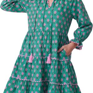 Kedera Womens Casual Mini Dress Long Sleeve Floral Ruffle V Neck Summer Loose Boho Babydoll Dresses with Pockets