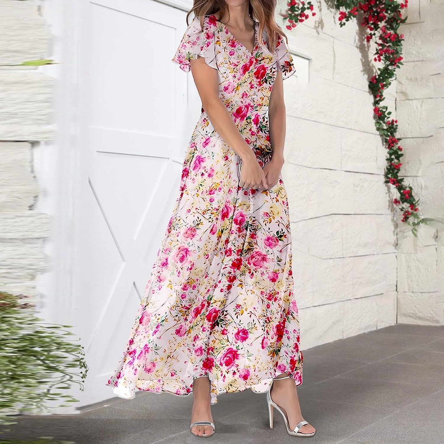 Women Dresses Long Dress Chiffon Floral Short Sleeve Ruffle V Neck Fashion Waist Flowy Plus Size for Curvy Occasion UK Maxi Summer - Image 3