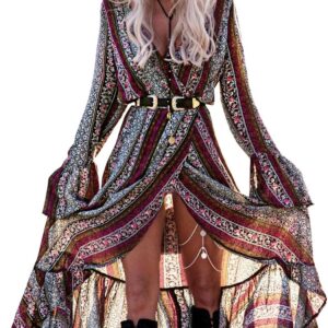 R.Vivimos Women Deep V Neck Wrap Boho Floral Maxi Dress