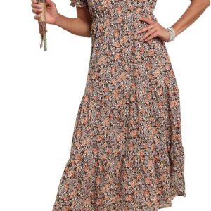 GRECERELLE Womens Summer Midi Dress Floral Print Boho Dress Ruffle Puff Sleeve High Waist A-Line Casual Boho Cocktail Holiday Beach Long Dress for Ladies