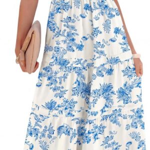 Caracilia Womens Summer Maxi Dresses Floral Smocked Sleeveless Ruffle Boho Casual Flowy Aline Beach Vacation Long Sundress