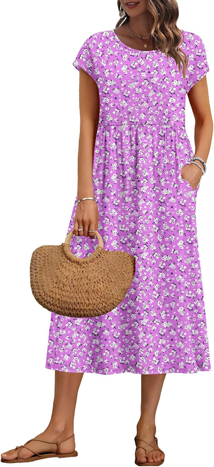 AUSELILY Women's Summer Short Sleeve Midi Dresses Loose Dress with Pockets