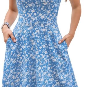 Oyamiki Floral Dresses for Women UK A Line Summer Beach Square Neck Chic Dress Sleeveless Sundress Elegant Flowy with Side Pockets