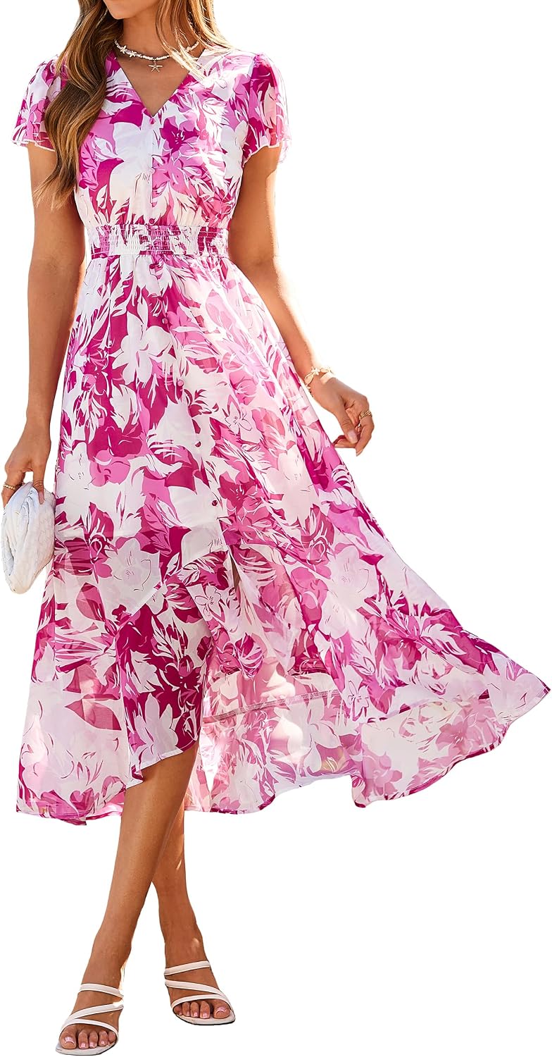 Simplee Womens Summer Floral Boho Dress 2026 V Neck High Low Short Sleeve Flowy Maxi Beach Vacation Wedding Guest Dresses