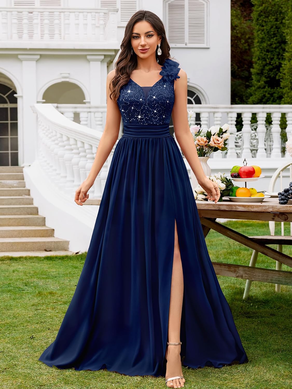 MIUSOL Women's Vintage V-Neck Sleeveless Sequined Lace Split Wedding Formal Evening Maxi Dress - Image 3