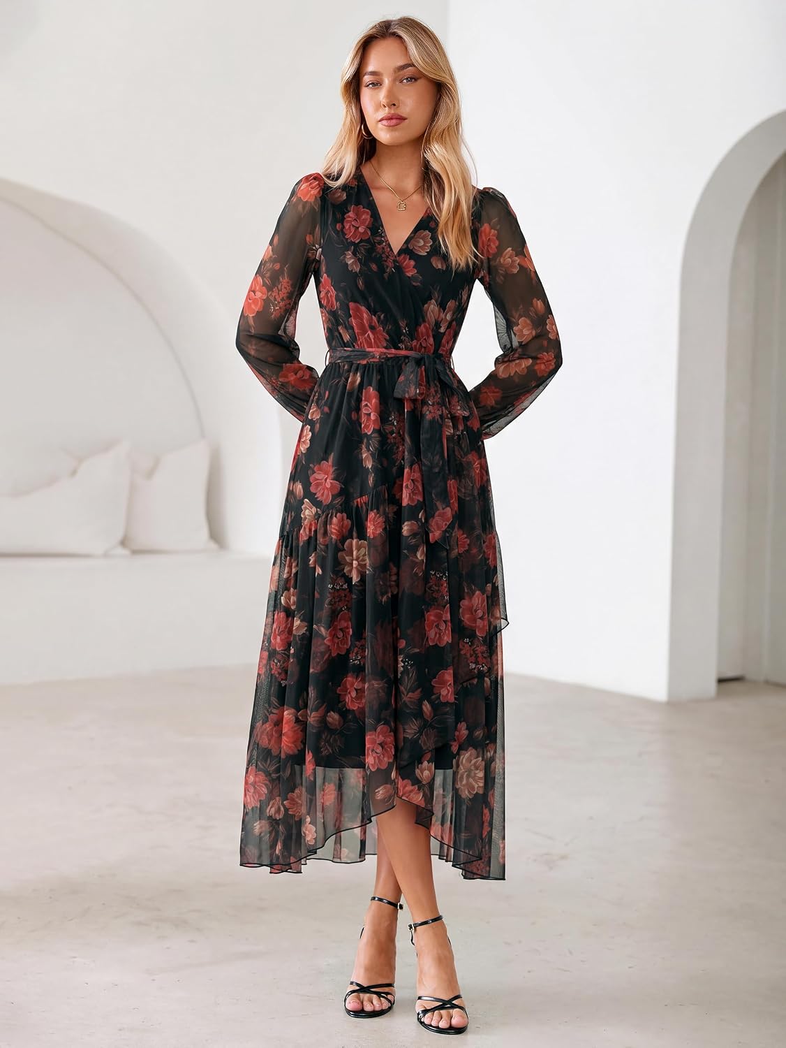 Simplee Women's Floral Long Sleeve Mesh Maxi Dress Fall V Neck Wrap High Low Swing Flowy Wedding Guest Dress - Image 6