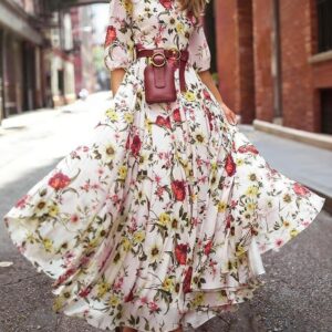 Womens Maxi Dress Boho Chiffon Floral Printed Round Collar Neck Long Dresses LYQ38