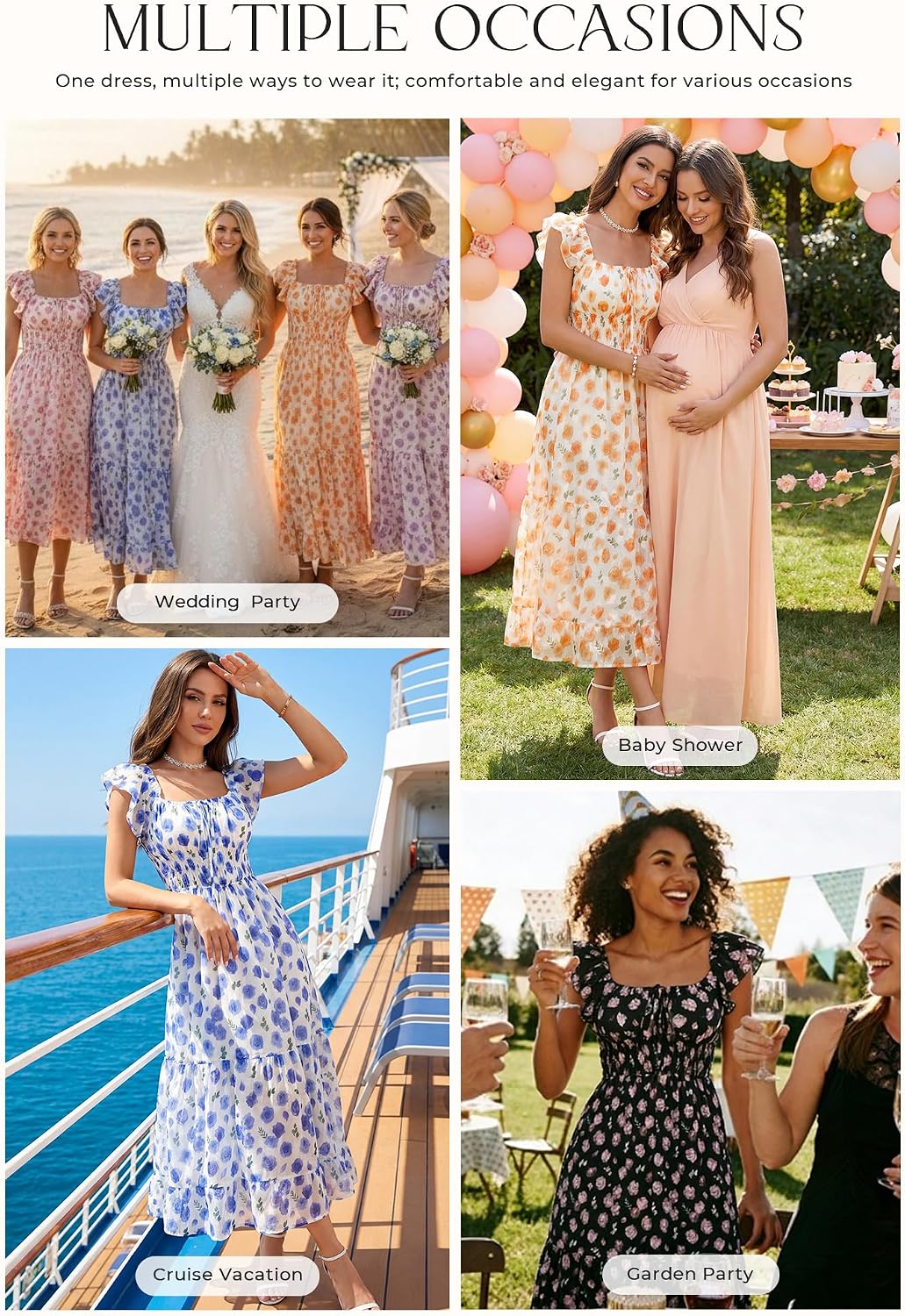 GRACE KARIN Women's Floral Summer Dress, Elegant Ruffle Sleeves Wedding Guest Dress, Elastic Waist A Line Midi Dresses - Image 5