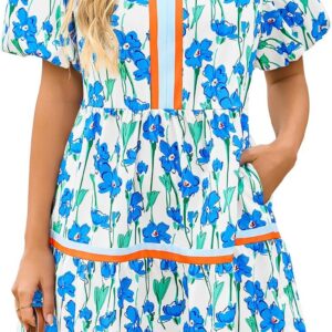 Cicy Bell Womens V Neck Floral Mini Dress Short Puff Sleeve Patchwork Summer Casual Boho Dresses