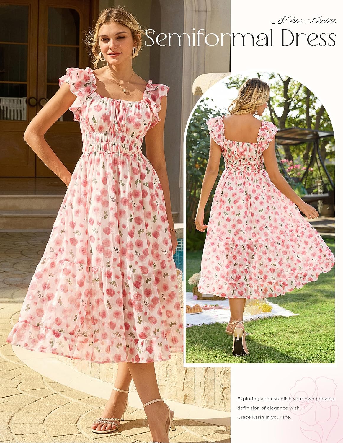 GRACE KARIN Women's Floral Summer Dress, Elegant Ruffle Sleeves Wedding Guest Dress, Elastic Waist A Line Midi Dresses - Image 2