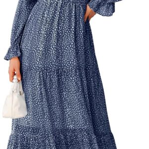 BTFBM Women Casual Long Sleeve Crew Neck Fall Dress Bohemian Relaxed Fit Floral Flowy Maxi Dresses Tiered Cocktail Dress