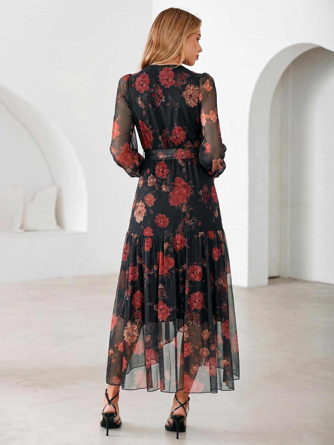 Simplee Women's Floral Long Sleeve Mesh Maxi Dress Fall V Neck Wrap High Low Swing Flowy Wedding Guest Dress - Image 4
