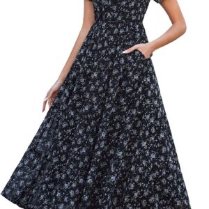 Kranda Women 2025 Summer Fall Collared V Neck Short Sleeve Button Down Chiffon Long Tiered Floral Maxi Dress with Pockets