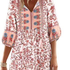 GUNEST Boho Summer Dresses V Neck 3/4 Sleeve Floral Printed Loose Plus Size Flowy Beach Vacation Dress