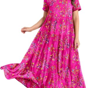 YESNO Women Short Sleeve Boho Summer Maxi Dress with Pockets EJFUK