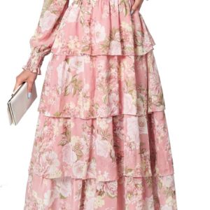 Simplee Womens Long Sleeve Floral Wedding Guest Dress Flowy Tiered Smocked Square Neck Fall Boho Maxi Dresses