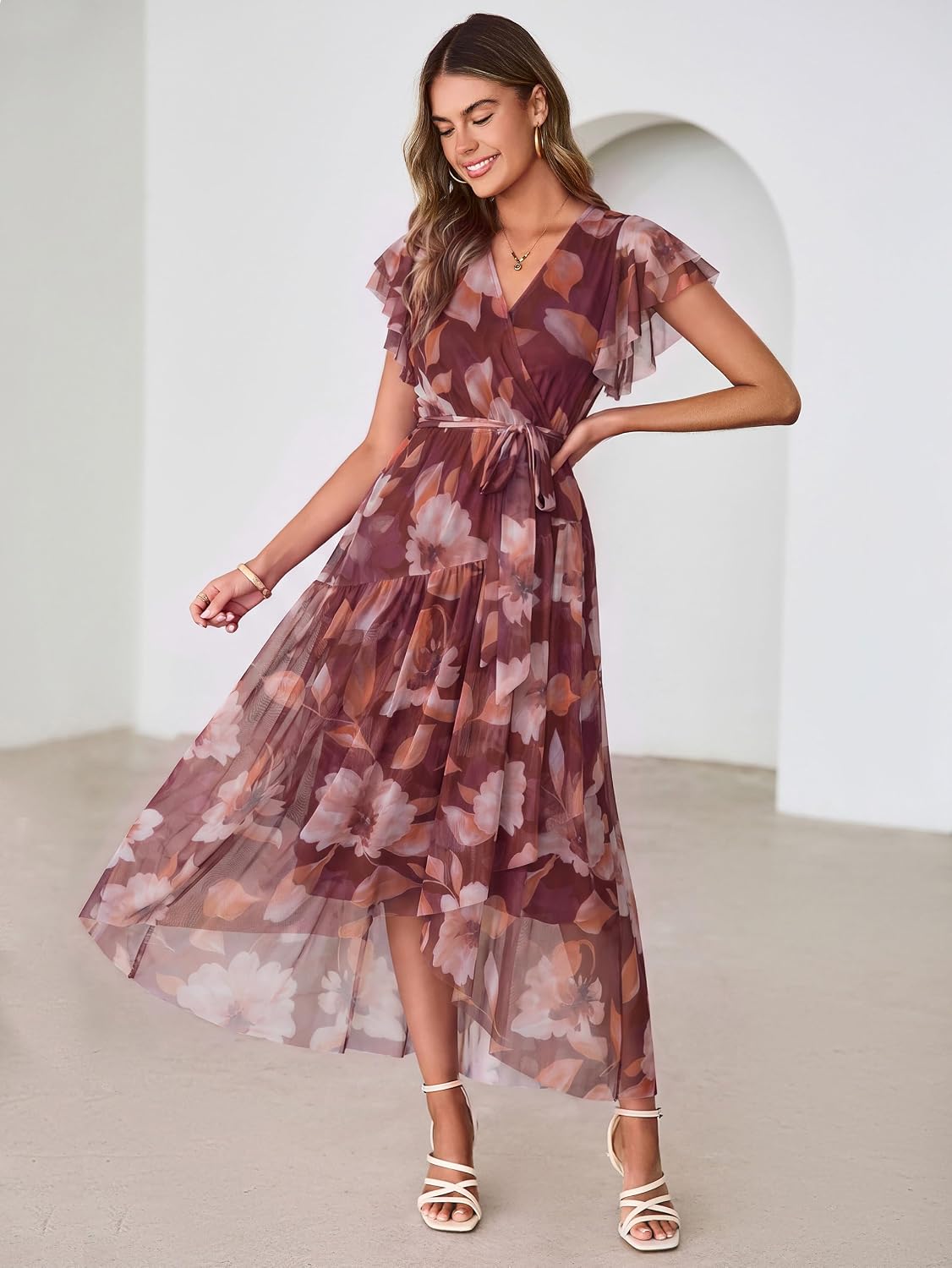 Simplee Womens Summer Floral Maxi Dress 2026 Short Sleeve V Neck Belted Mesh Hem Split Flowy Beach Wedding Guest Dresses - Image 4