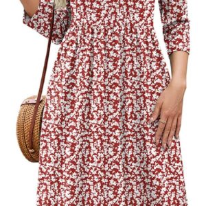 Heymoments Women Casual 3/4 Sleeve Round Neck A-Line Tiered Flowy Loose Long Travel Dresses with Pockets