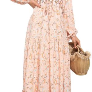 R.Vivimos Women V Neck Long Sleeve A Line Floral Maxi Dress