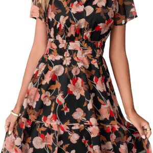 Simplee Women 2026 Floral Summer Short Dress Short Sleeves V Neck Chiffon A-Line Casual Flowy Boho Mini Dresses