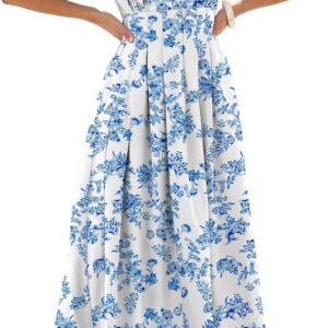 Caracilia Womens Short Puff Sleeve Maxi Dress Boho Floral A Line V Neck Spring Summer Formal Wedding Guest Party Long Dresses