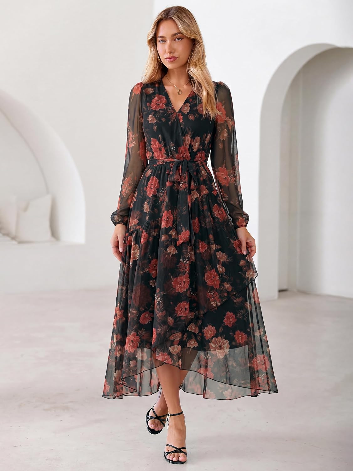 Simplee Women's Floral Long Sleeve Mesh Maxi Dress Fall V Neck Wrap High Low Swing Flowy Wedding Guest Dress - Image 5