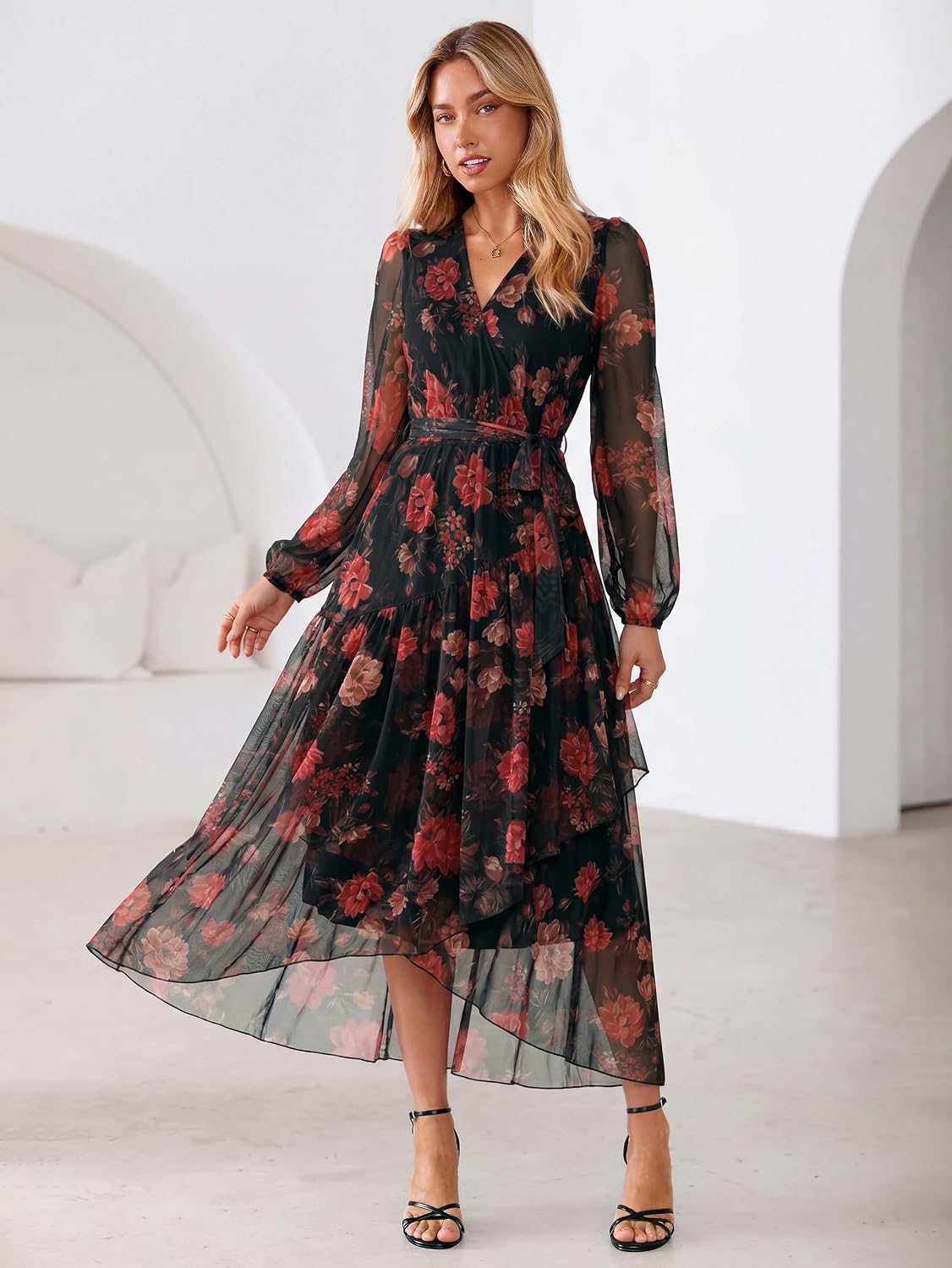 Simplee Women's Floral Long Sleeve Mesh Maxi Dress Fall V Neck Wrap High Low Swing Flowy Wedding Guest Dress - Image 2