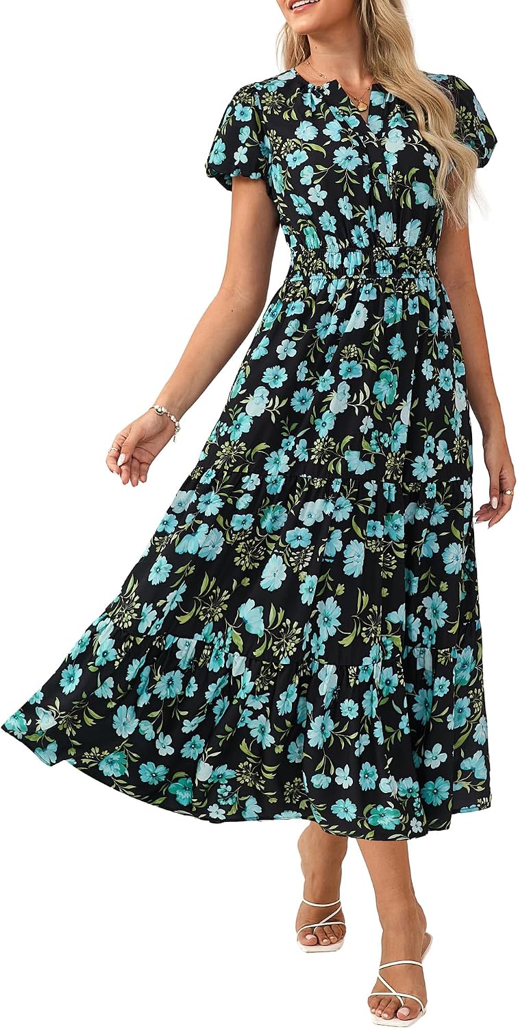 GRACE KARIN Women Elegant Maxi Floral Dress Short Sleeve V Neck Summer Dress Elastic Waist