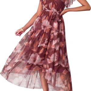 Simplee Womens Summer Floral Maxi Dress 2026 Short Sleeve V Neck Belted Mesh Hem Split Flowy Beach Wedding Guest Dresses