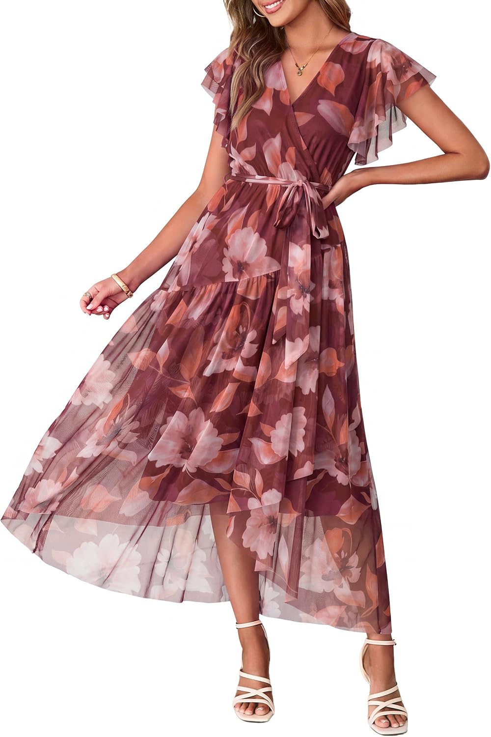 Simplee Womens Summer Floral Maxi Dress 2026 Short Sleeve V Neck Belted Mesh Hem Split Flowy Beach Wedding Guest Dresses