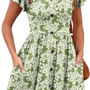 Heymoments V-Neck Ruffle Sleeve Sundress Pocket Swing Summer Dress