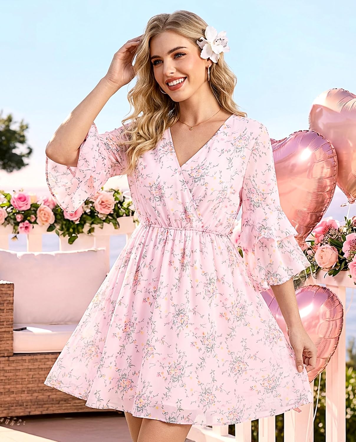 Bebonnie Womens 3/4 Ruffle Sleeve Spring Summer Casual V Neck Flowy Chiffon Layers Dresses - Image 3