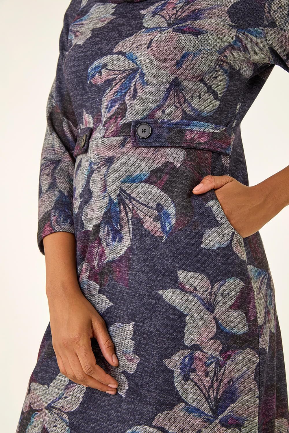 Roman Cowl Neck Dress for Women UK - Ladies Button Detail Shift Work Office Autumn Winter Knee Length Casual 3/4 Full Length Sleeve Round High Warm Neckline - Image 5