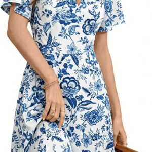 Oyamiki Summer Dresses for Women V Neck Sundress Casual Floral Beach Wrap Ruffle Short Sleeve Dress with Pockets