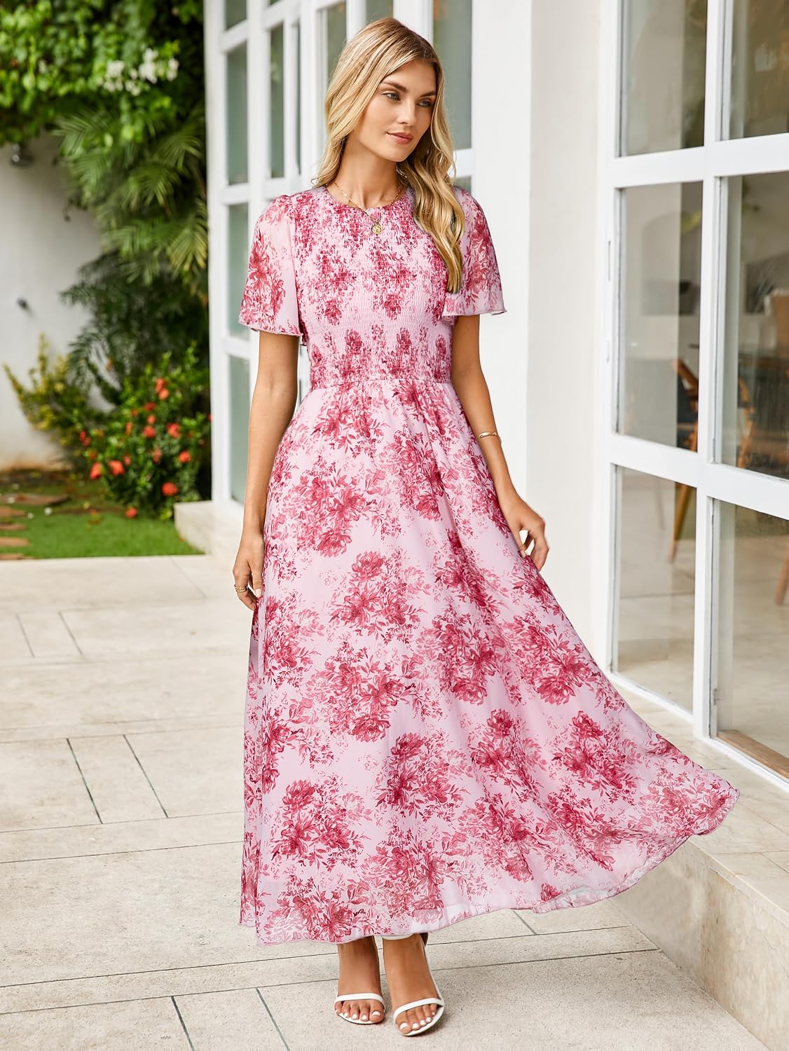 Simplee Womens Summer Floral Casual Maxi Dresses Flutter Short Sleeve Crew Neck Smocked Chiffon Boho Flowy Dress - Image 6