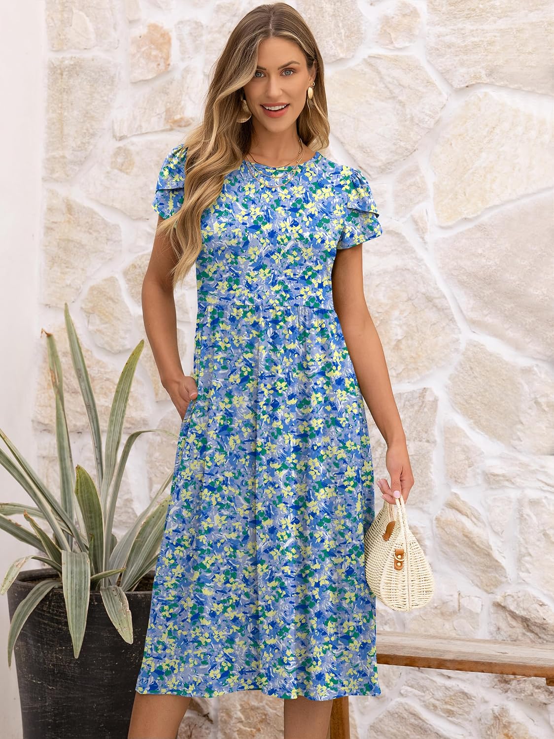 ANRABESS Women's Summer Short Sleeve A-Line Midi Dresses Casual Floral T-Shirt Dresses Flowy Beach Sundress with Pockets - Image 6