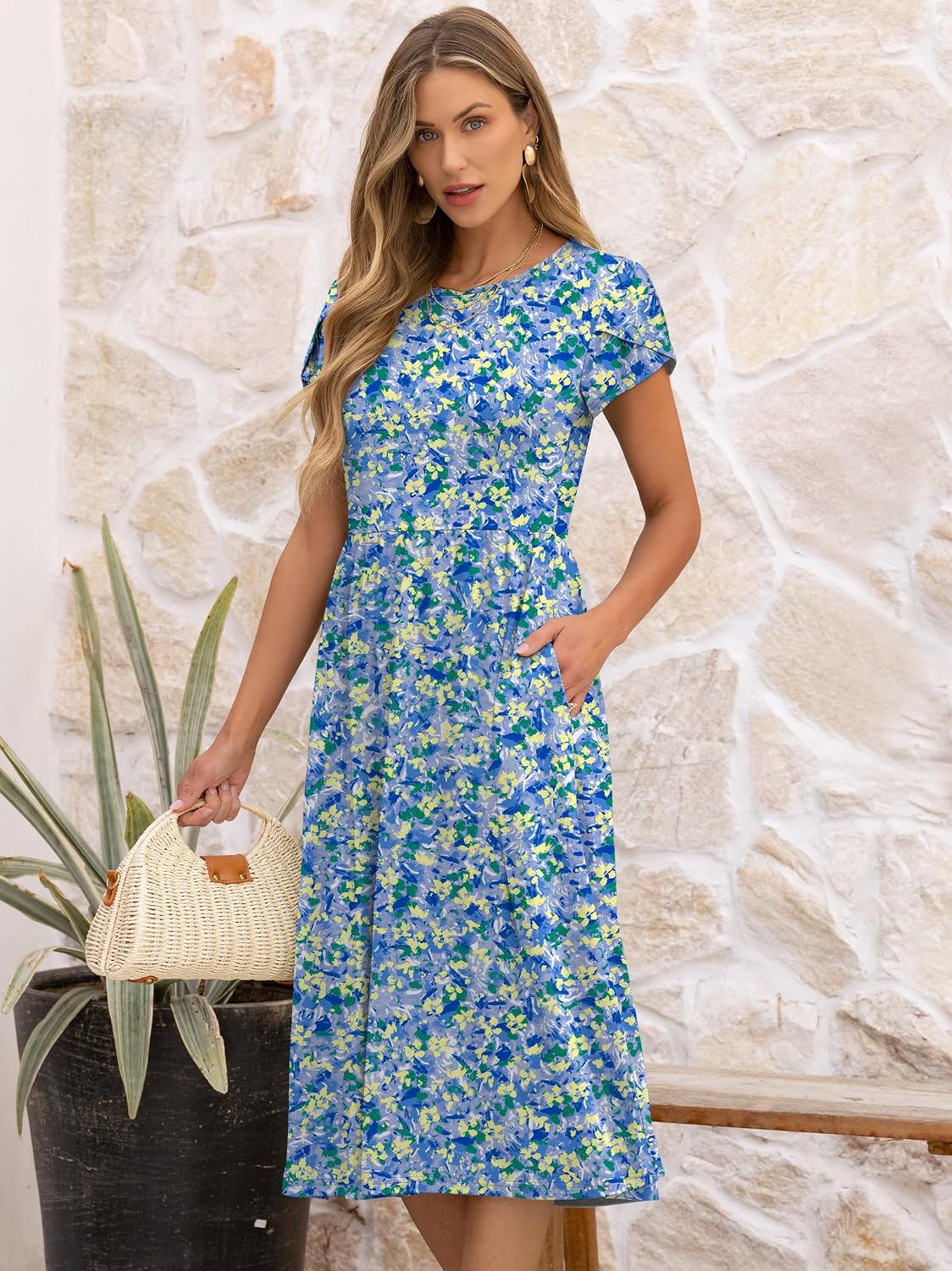 ANRABESS Women's Summer Short Sleeve A-Line Midi Dresses Casual Floral T-Shirt Dresses Flowy Beach Sundress with Pockets - Image 2
